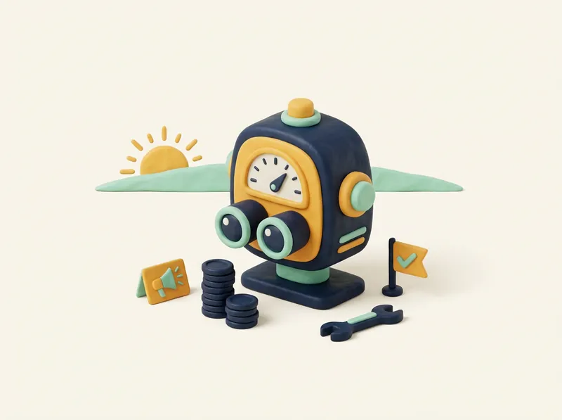 A friendly clay machine with a gauge watching a stack of coins and an ad card at sunrise.