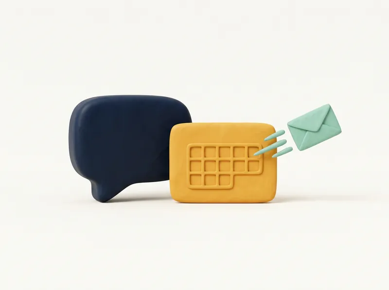 A clay chat bubble next to a booking card with an envelope flying out.