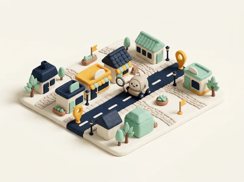 A toy town map with little shops and a small robot with a magnifying glass driving along the street.