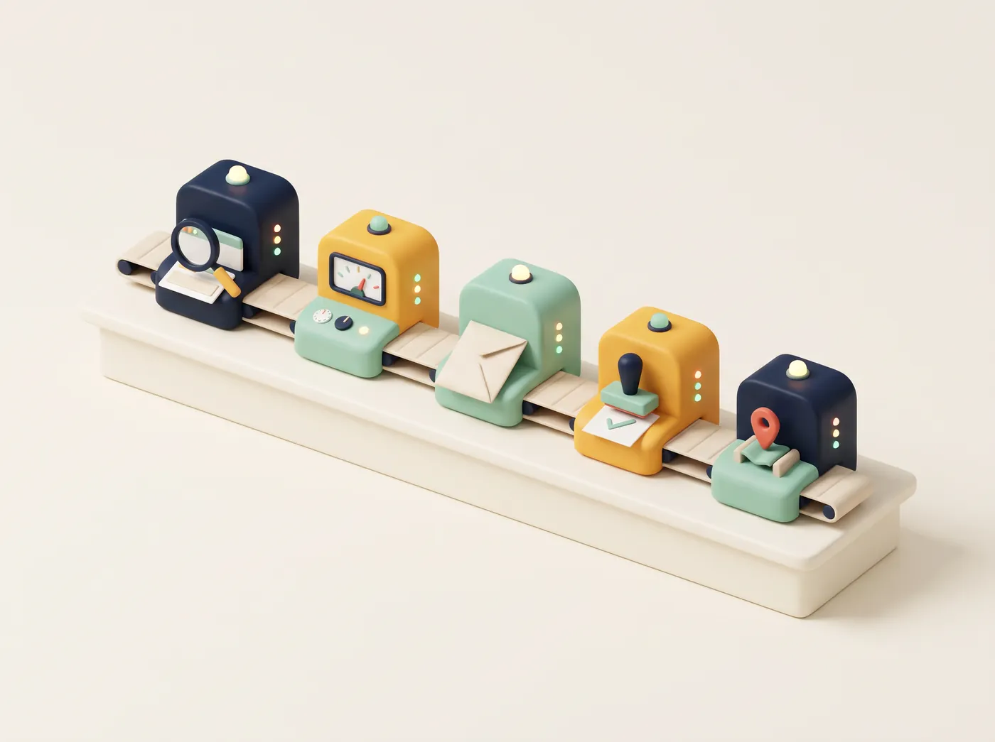 A row of small friendly clay machines on a conveyor belt: one inspects a web page, one reads a gauge, one folds an envelope, one stamps a check mark, one holds a map pin.