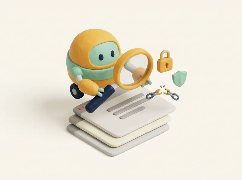 A small clay robot with a magnifying glass inspecting a stack of web pages, with a padlock and a shield.