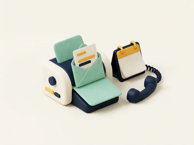 A clay machine folding a report into an envelope next to a desk calendar and a phone.