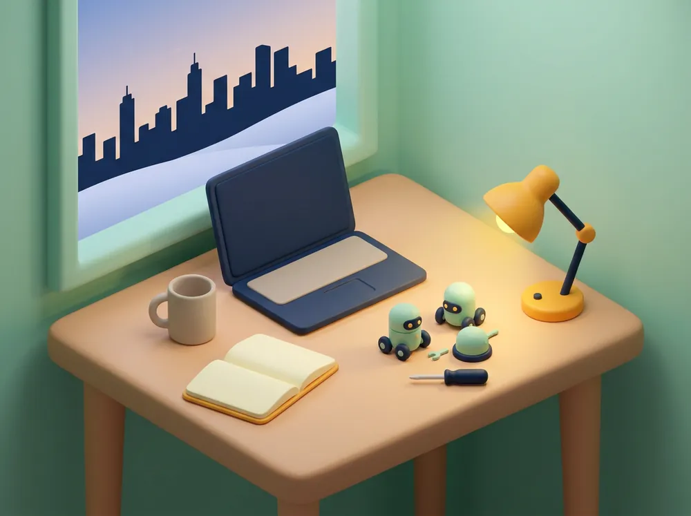 A small home-office desk at dusk with a laptop, a notebook, a lamp and three little machines being assembled.